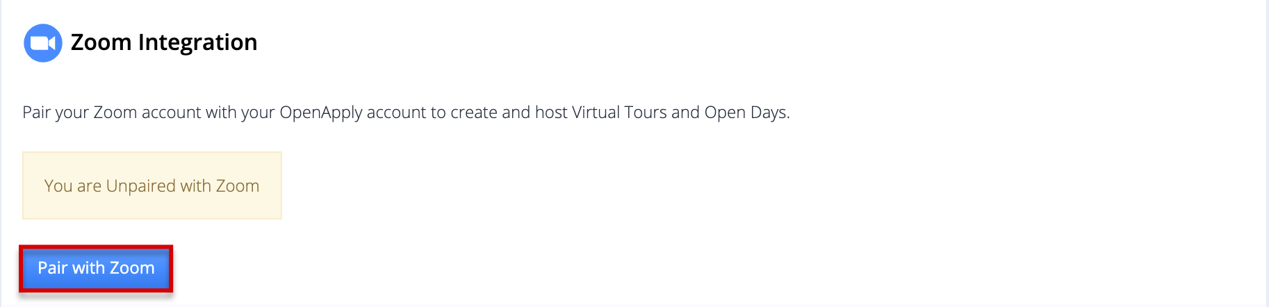 Zoom Integration section in your account with the Pair with Zoom button