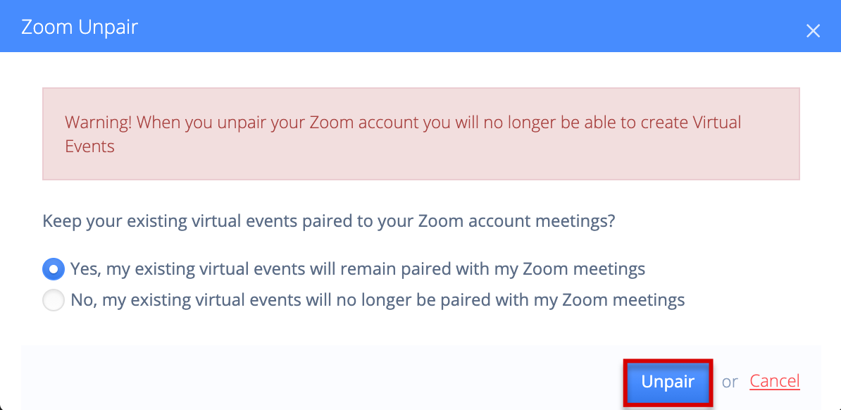 Pop-up asking whether to remove or keep pairings with existing Zoom meetings