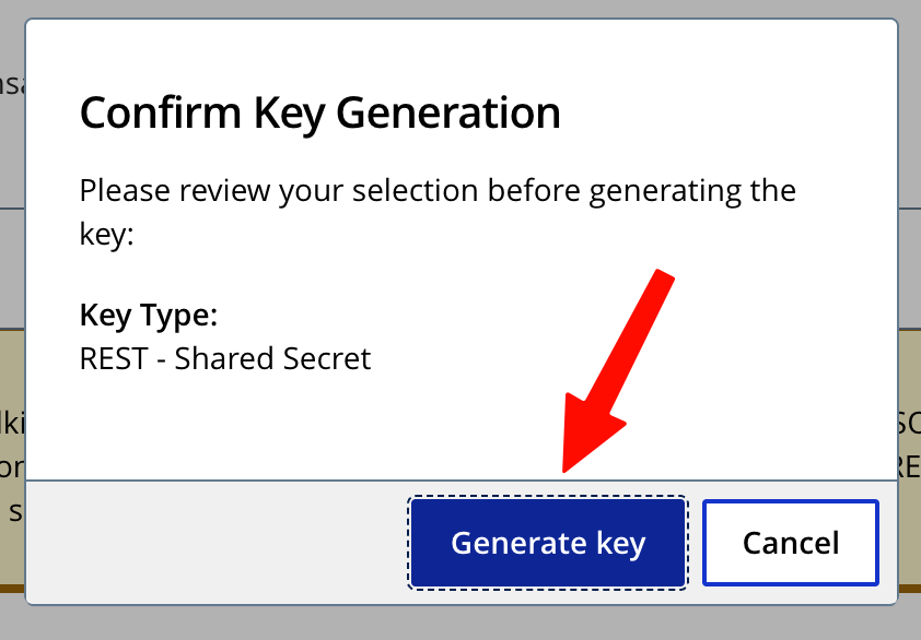 Screenshot: Generate and save the new REST API key: Confirm the generation