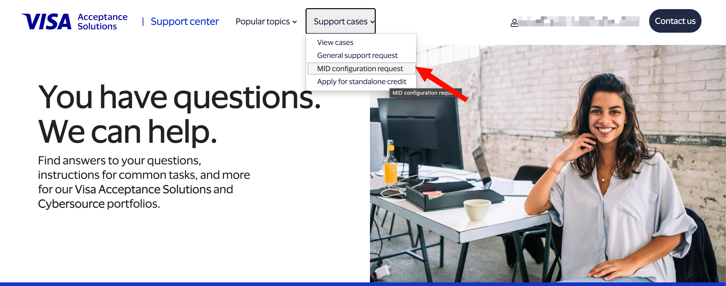 Screenshot: This opens the Visa Acceptance Solutions Support Center