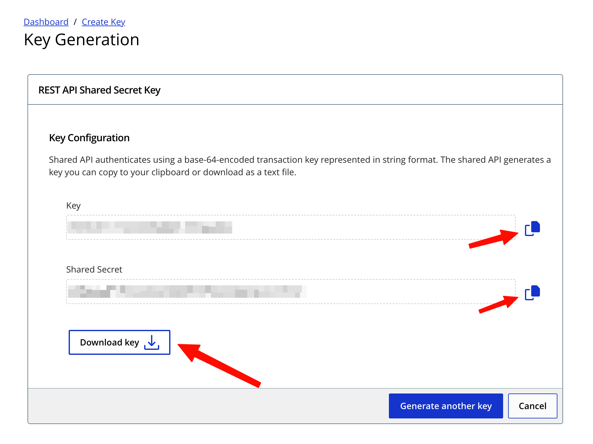 Screenshot: Copy (or download) the Key and Shared Secret immediately, since CyberSource only displays the Shared Secret once