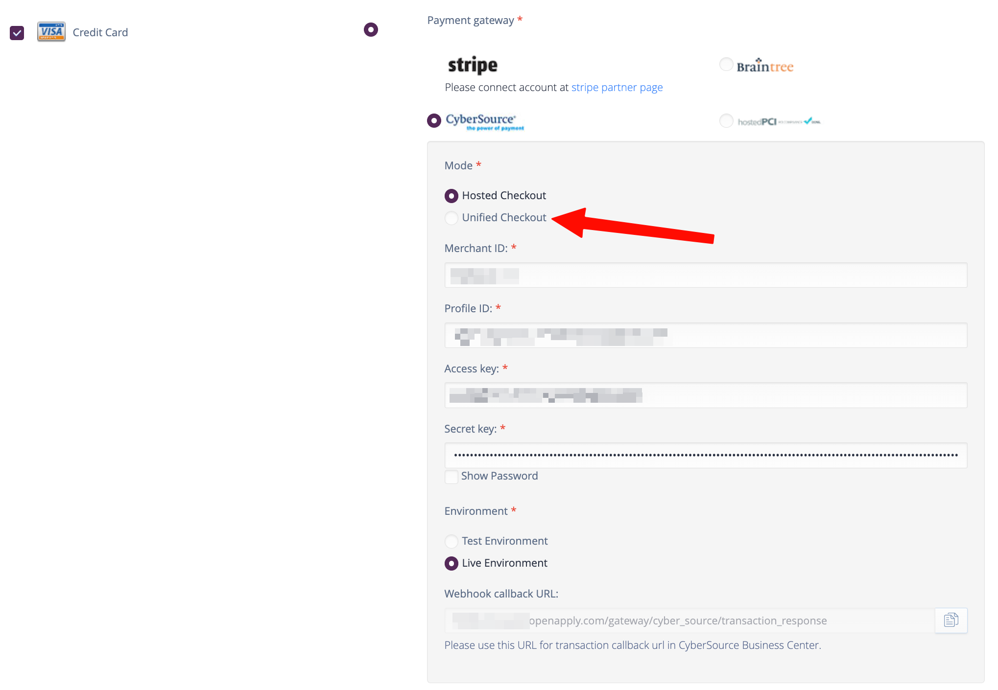 Screenshot: Before changing anything, open the school's Payment settings in OpenApply admin and record the current Hosted