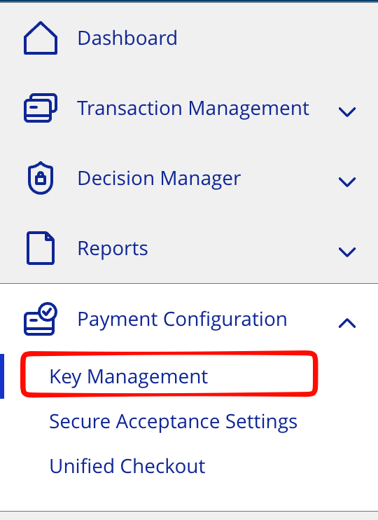Captura de pantalla: Una vez habilitado el servicio, vaya a Centro de negocios → Configuración de pagos → Gestión de claves