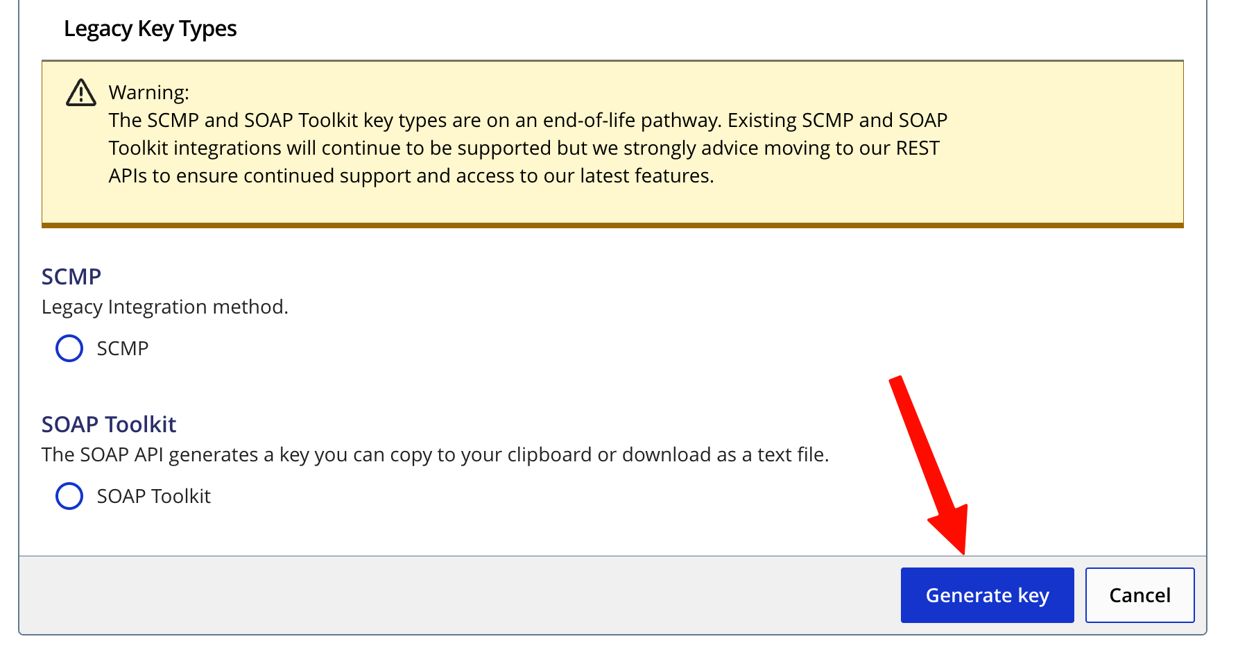 Captura de pantalla: Ignore las opciones heredadas de SCMP/SOAP Toolkit que aparecen debajo (CyberSource las ha marcado como obsoletas) y haga clic en