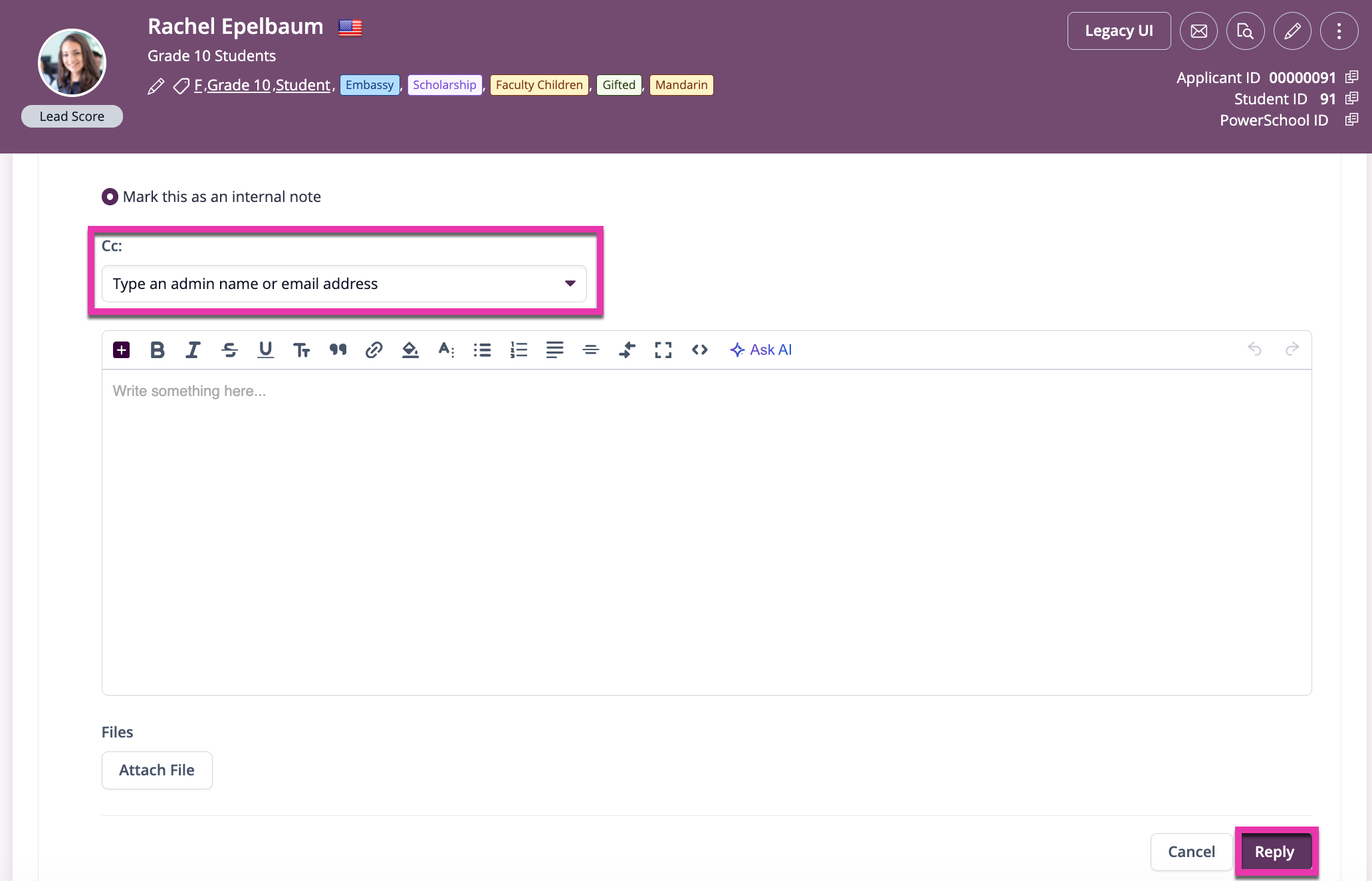 Captura de pantalla: Seleccione a los colegas a los que desea enviar una copia si es necesario, escriba su respuesta y haga clic en Responder.