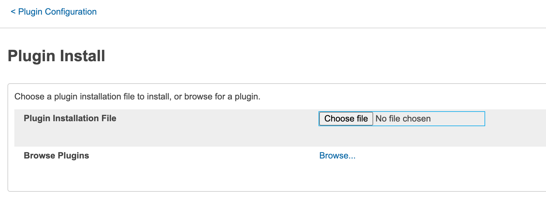 Captura de pantalla: La pantalla de instalación de plugins en PowerSchool le permite cargar el archivo del plugin correspondiente para iniciar la instalación.