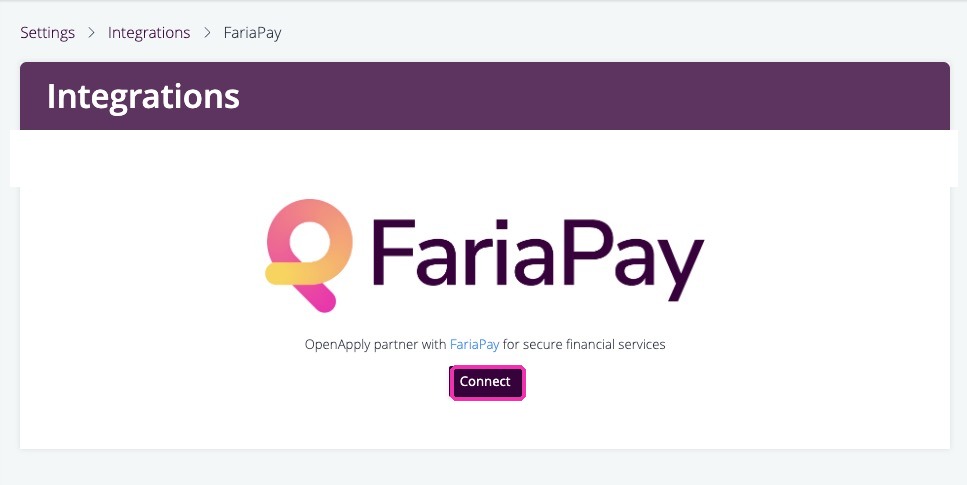 Página de integración de FariaPay con el botón Conectar resaltado