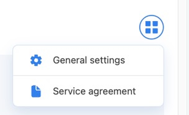 Menú desplegable de configuración que muestra las opciones de configuración general y del acuerdo de servicio.