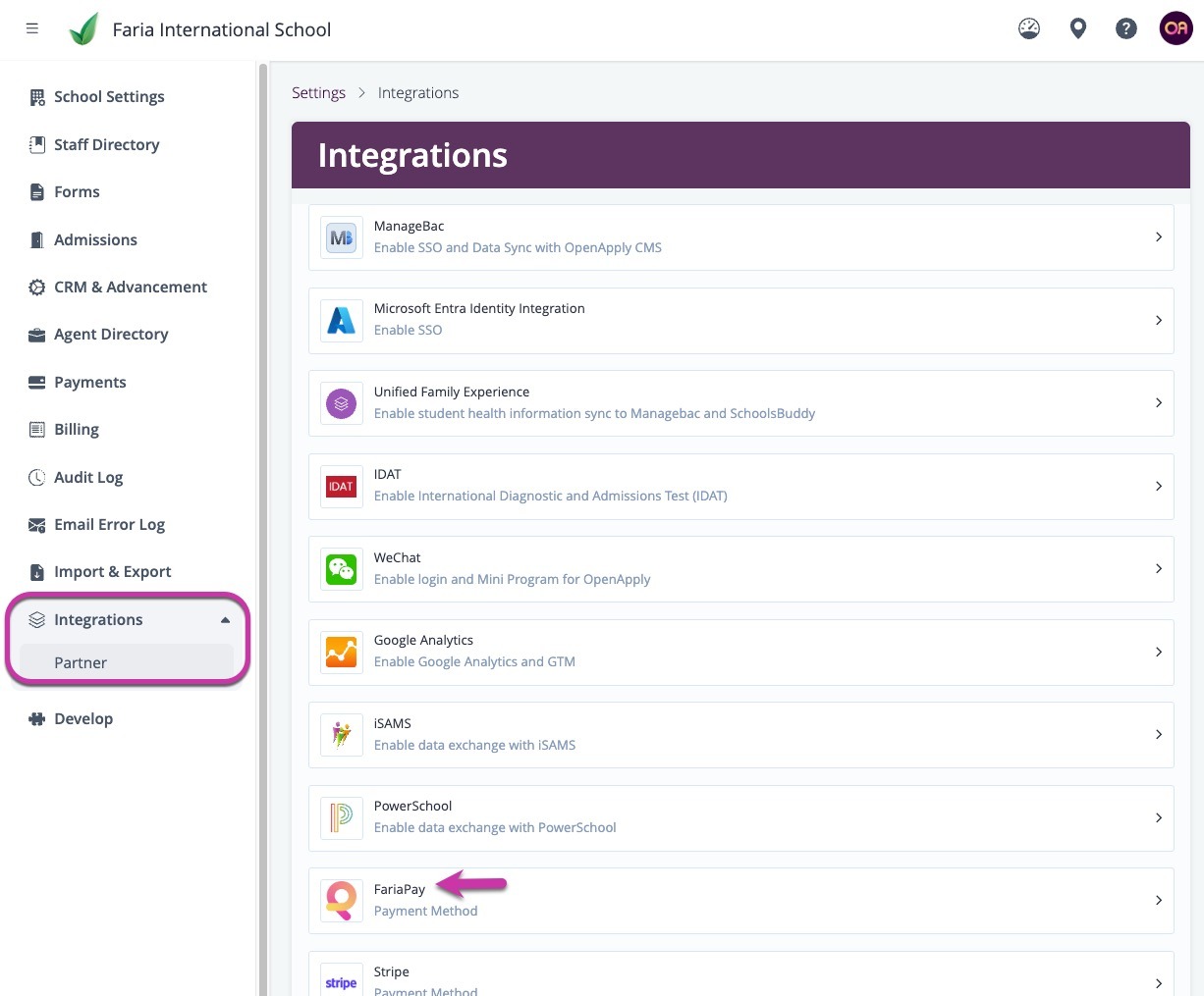 Página de integraciones con FariaPay resaltado