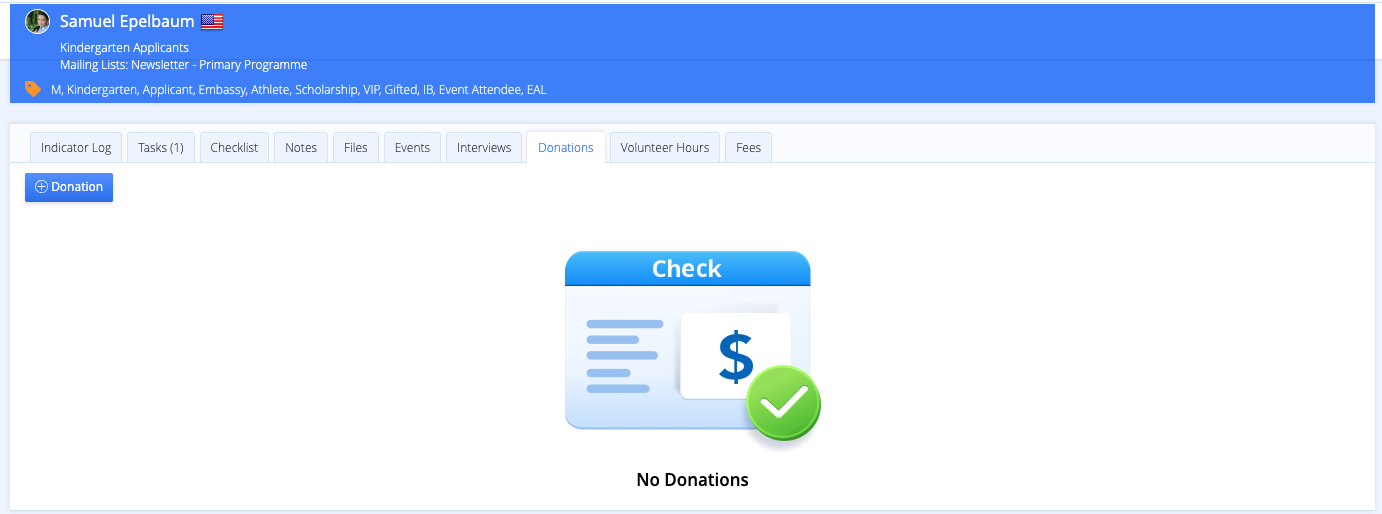 Captura de pantalla: Donaciones y horas de voluntariado