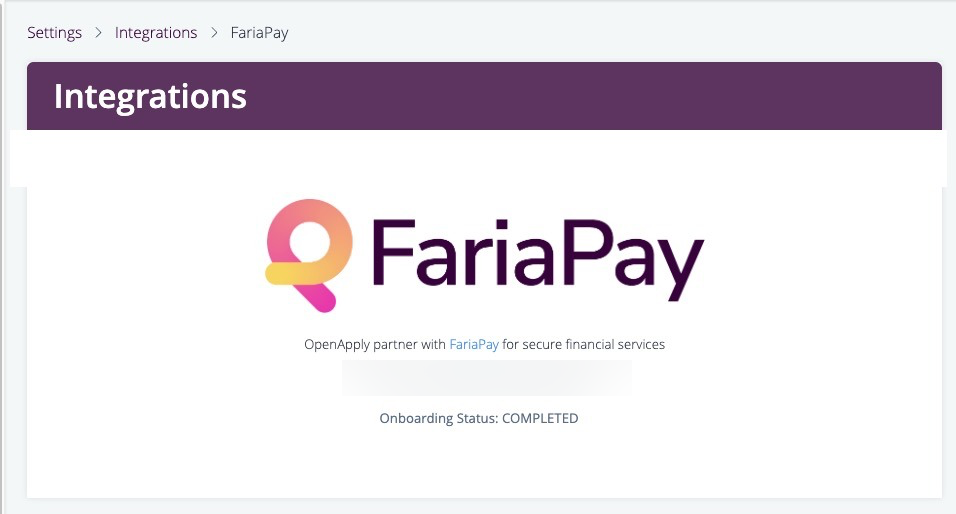 صفحة تكامل FariaPay تعرض حالة اكتمال عملية الإعداد