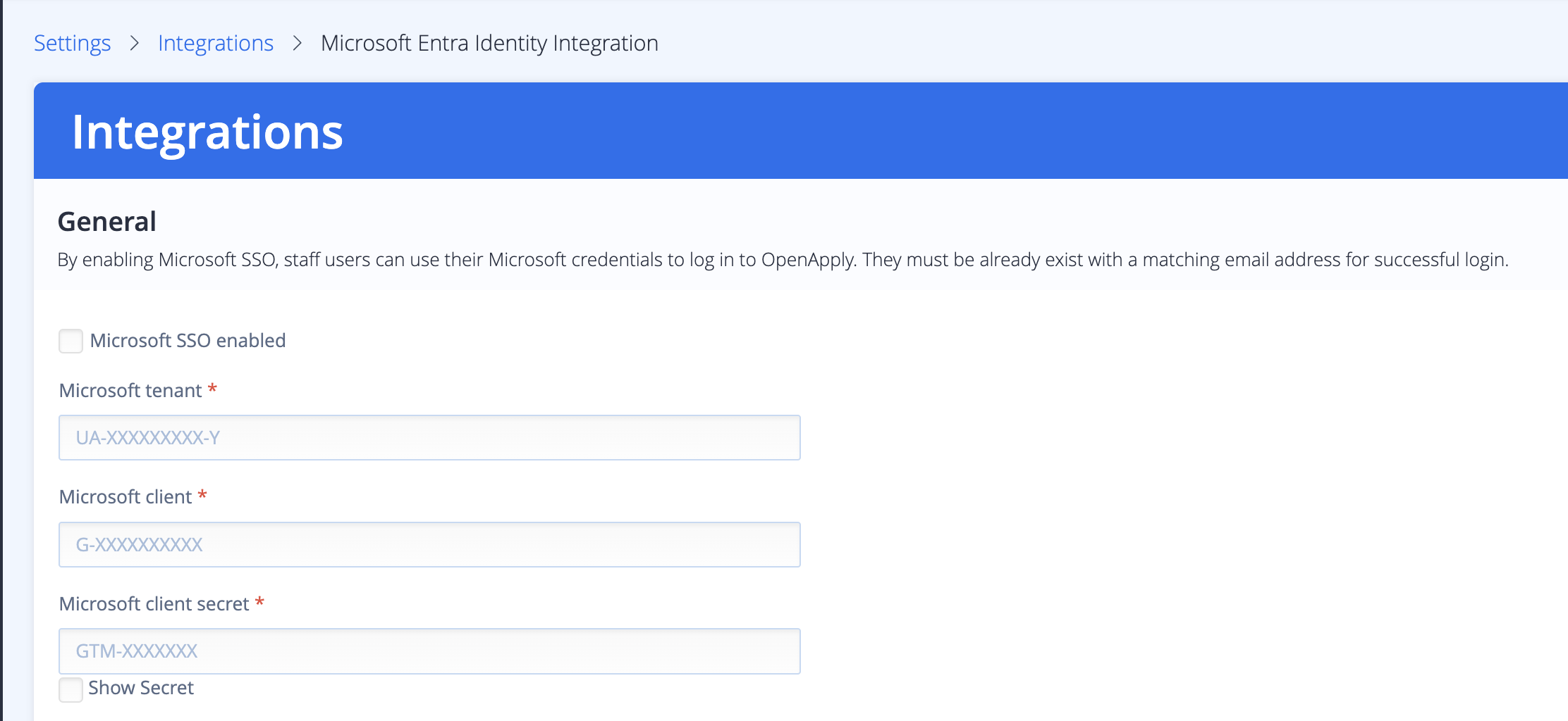 屏幕截图：要启用此功能，请导航至“设置”>“集成”>“Microsoft Entra Identity Integration”，然后输入