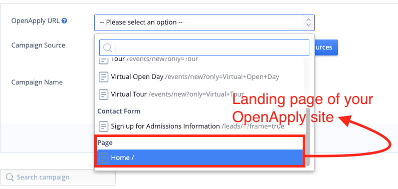 屏幕截图：选择活动 URL 是将访客引导至特定表单还是您的 OpenApply 主网站。