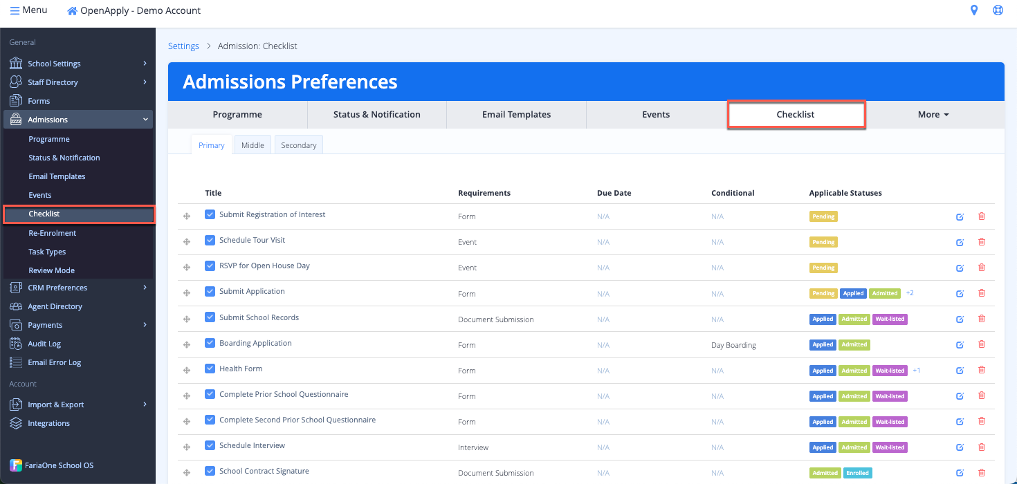 Captura de pantalla: Para actualizar o ajustar cualquier elemento de la lista de verificación vinculado para el nuevo año académico, puede ir a Configuración > Admisiones >