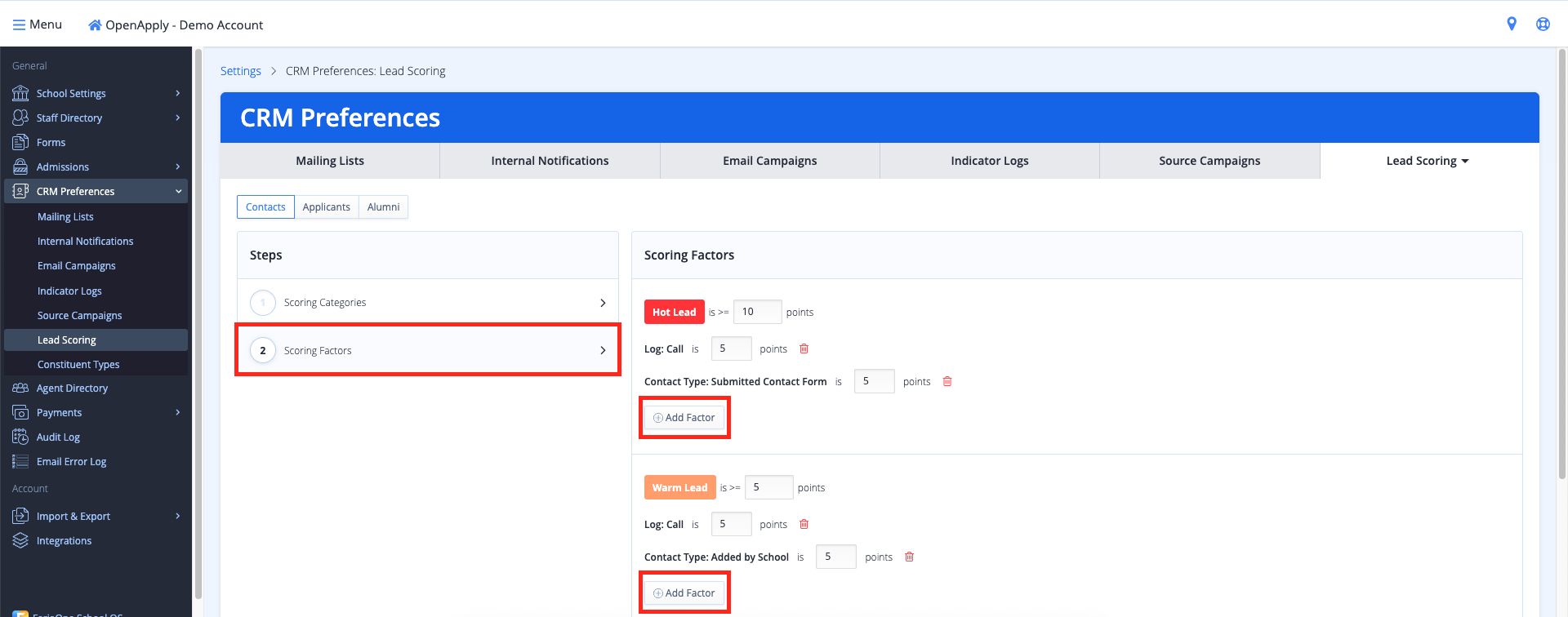 Captura de pantalla: Para cada categoría, puede definir factores de puntuación personalizados, especificar la cantidad de puntos otorgados por cada completado