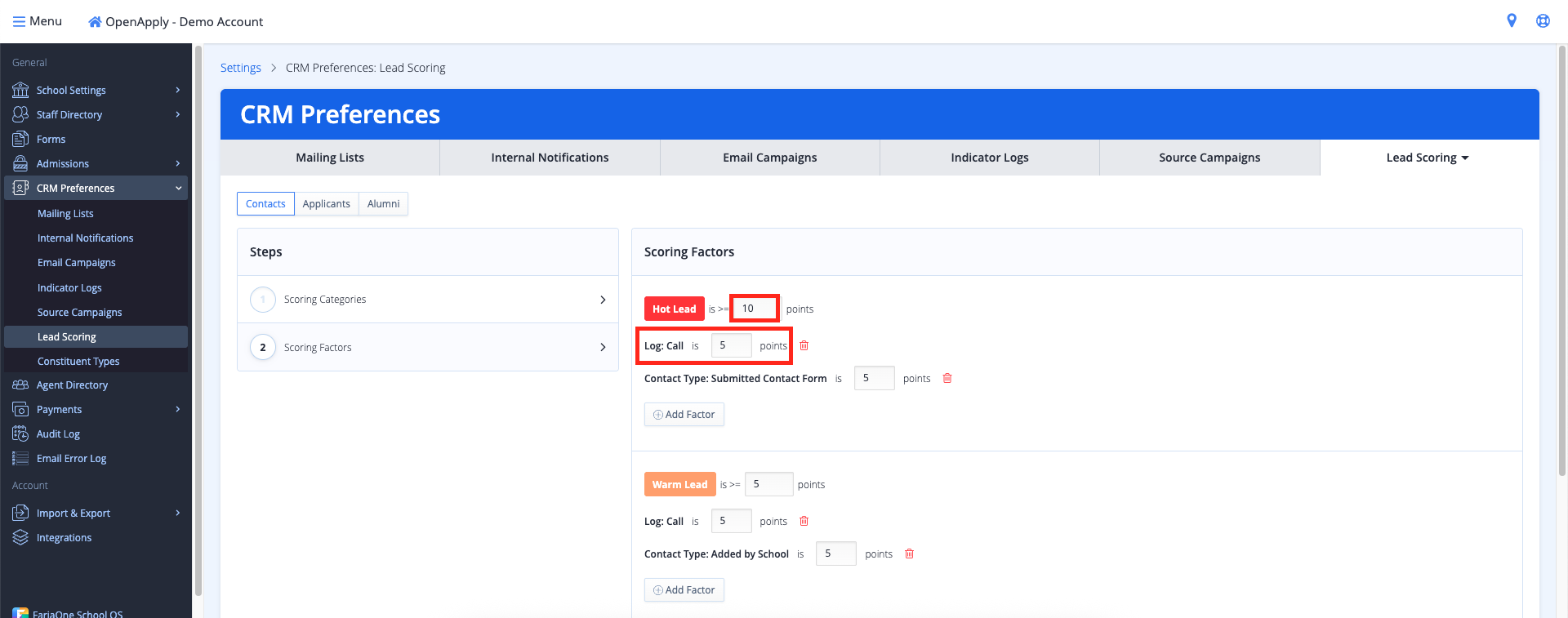 Captura de pantalla: Para cada categoría, puede definir factores de puntuación personalizados, especificar la cantidad de puntos otorgados por cada completado