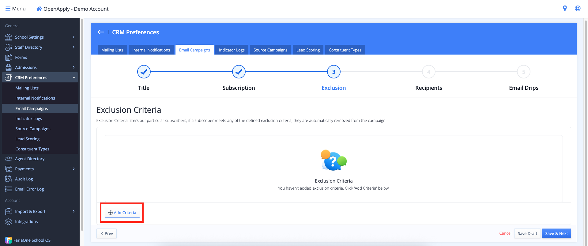 Captura de pantalla: Cómo configurar una campaña de correo electrónico: Agregar criterios de exclusión
