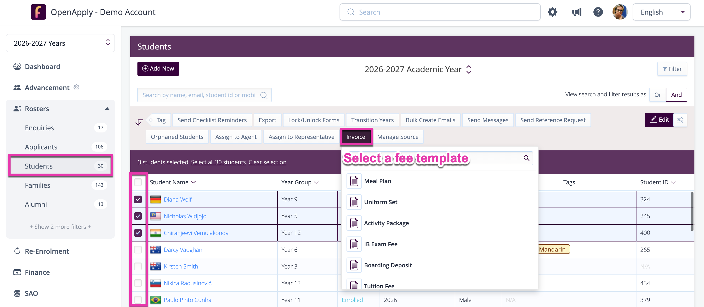 Captura de pantalla: Aplicar descuentos: Lista de participantes Seleccionar factura