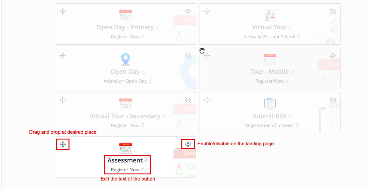 Captura de pantalla: Después de haber creado un tipo de evento personalizado y haber creado un nuevo evento, haga clic en el acceso directo 'Landing'.