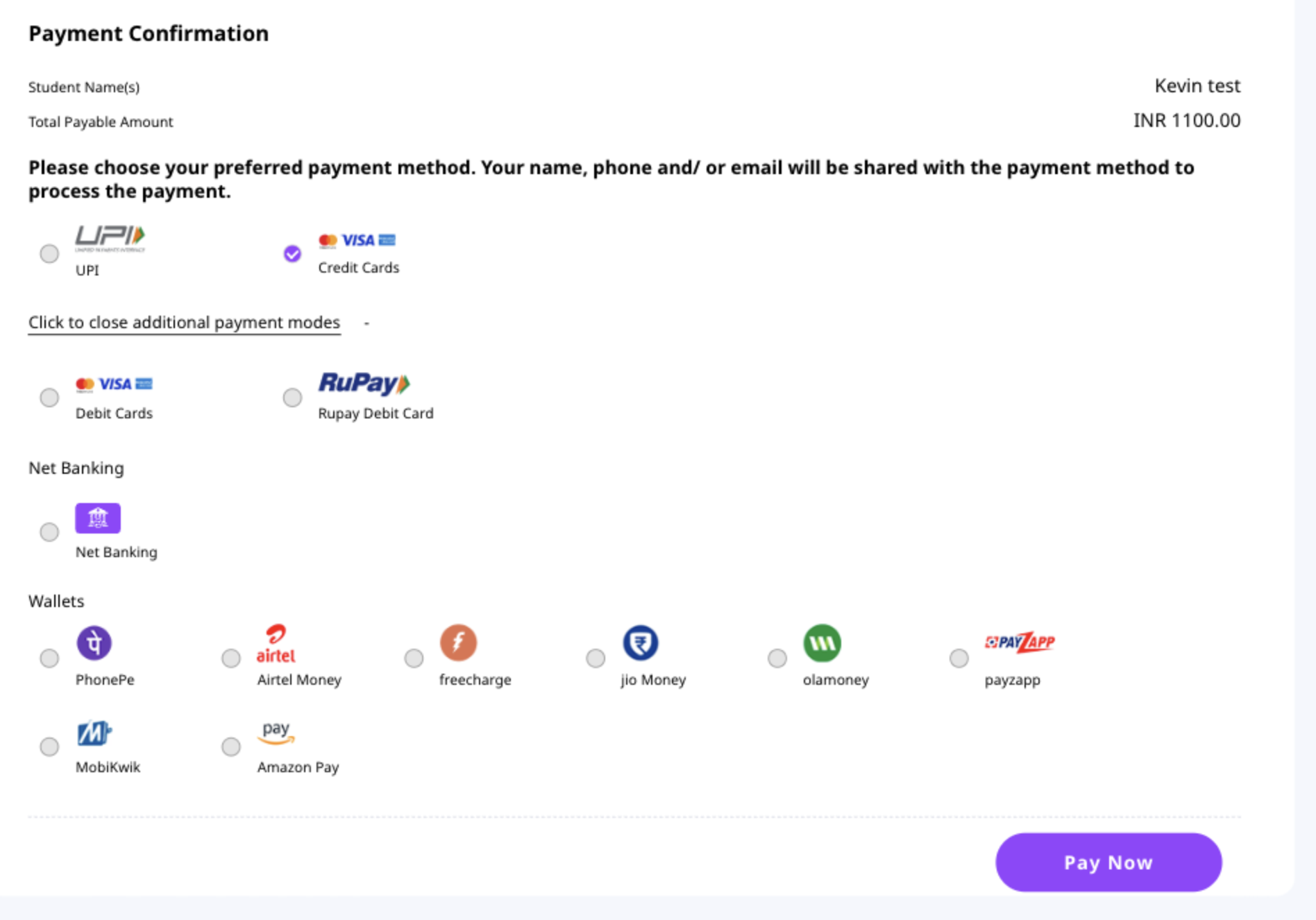 Captura de pantalla: Zenda ofrece a los usuarios dos métodos de pago diferentes, en cuya configuración OpenApply no tiene ningún papel; esto es