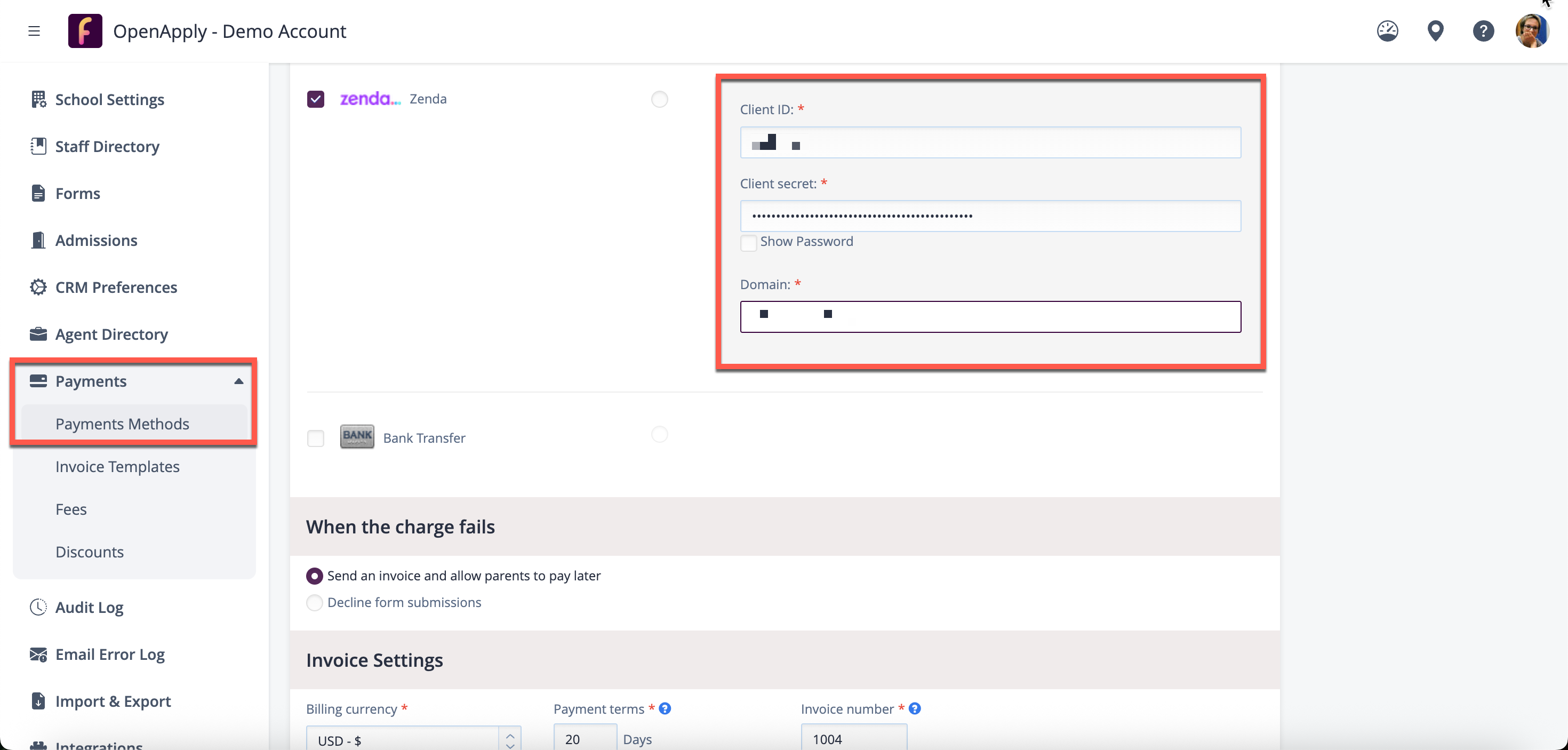 لقطة شاشة: في تطبيق OpenApply، انتقل إلى الإعدادات > المدفوعات > طرق الدفع، وقم بتمكين طريقة الدفع Zenda، ثم أدخل