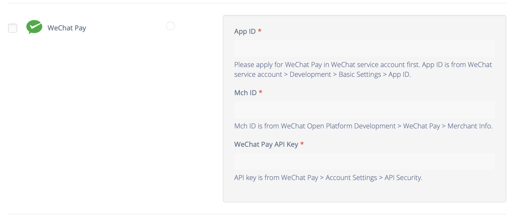 Captura de pantalla: Si ya ha habilitado WeChat Pay en su cuenta de servicio de WeChat, puede ingresar el ID de la aplicación y el ID del comerciante.