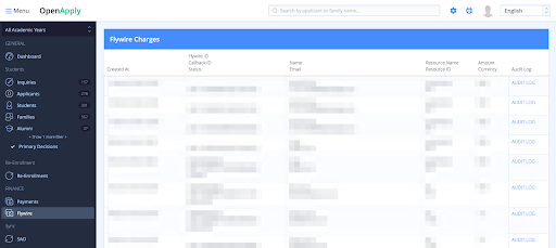 屏幕截图：完成集成后，您将在 OpenApply 主界面的左侧面板中看到 Flywire 摘要。