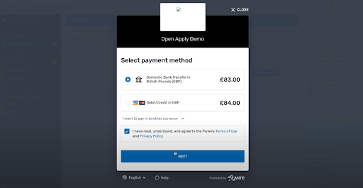 截图：在本例中，Flywire 已启用信用卡和银行转账两种支付方式。