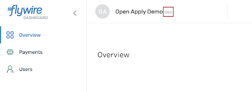 Captura de pantalla: En tu cuenta de Flywire, el código de 3 letras se encuentra en tu panel de control de Flywire (en este ejemplo es OAD).