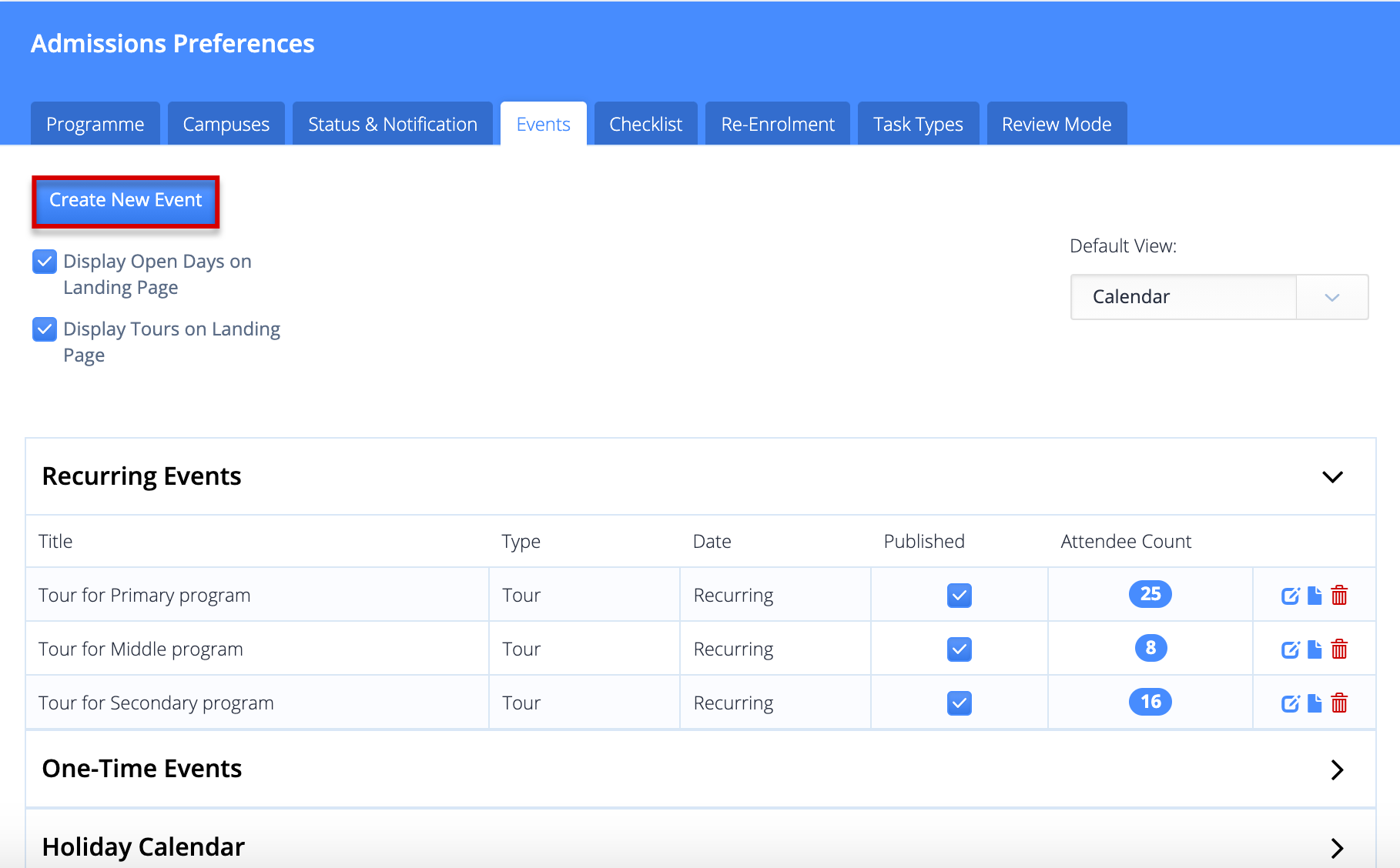 Captura de pantalla: Vaya a Configuración > Admisiones > Eventos y haga clic en Crear nuevo evento.