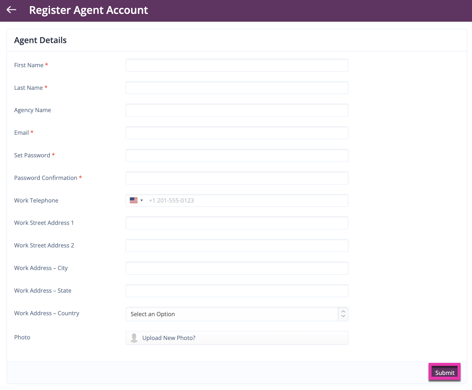 Captura de pantalla: Complete el formulario de registro para crear una nueva cuenta de agente.