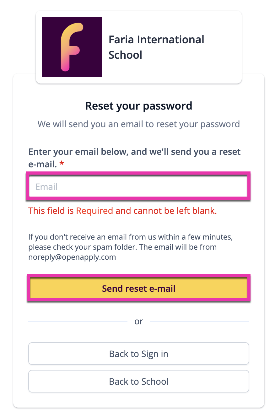 Captura de pantalla: Introduce la dirección de correo electrónico de tu cuenta de agente para recibir un enlace para restablecer la contraseña.