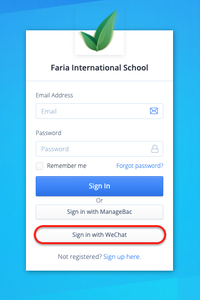 截图：导航至家长登录页面，然后点击“使用微信登录”。