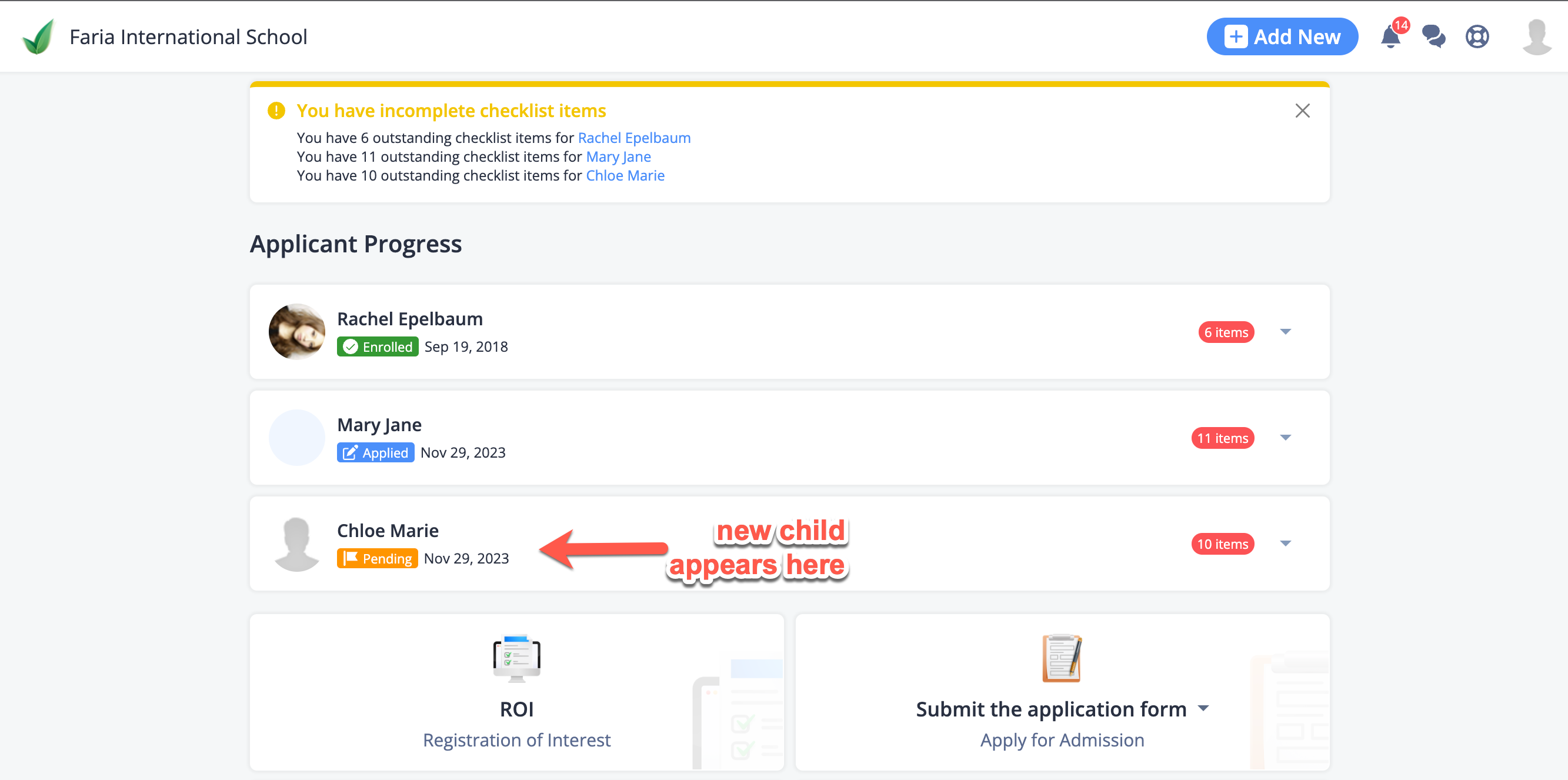 Captura de pantalla: Una vez que haya completado el proceso de registro enviando el formulario, su nuevo hijo tendrá un perfil.