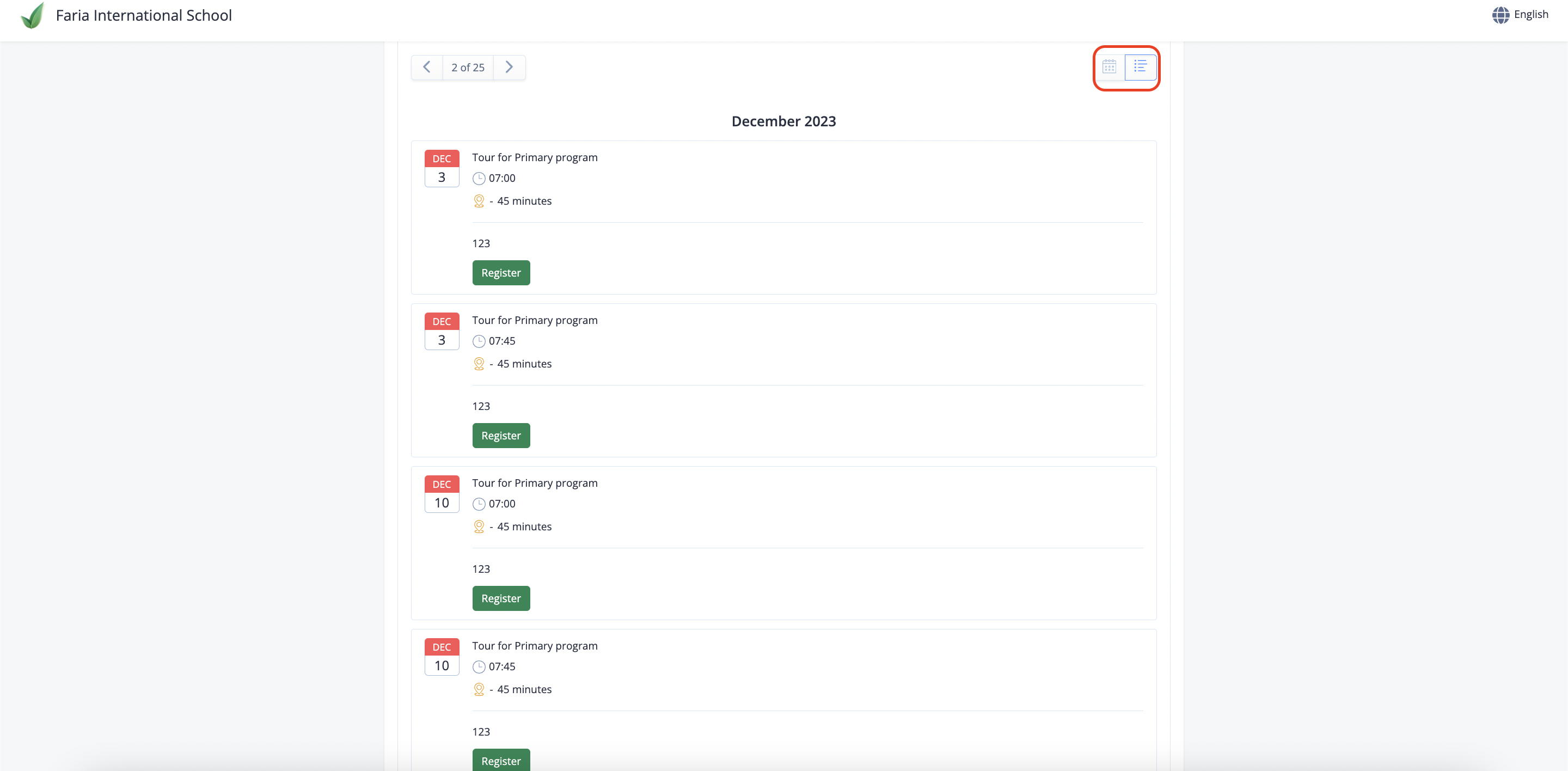 Captura de pantalla: En la vista de lista, haga clic en Registrarse en el evento en el que desea registrarse.