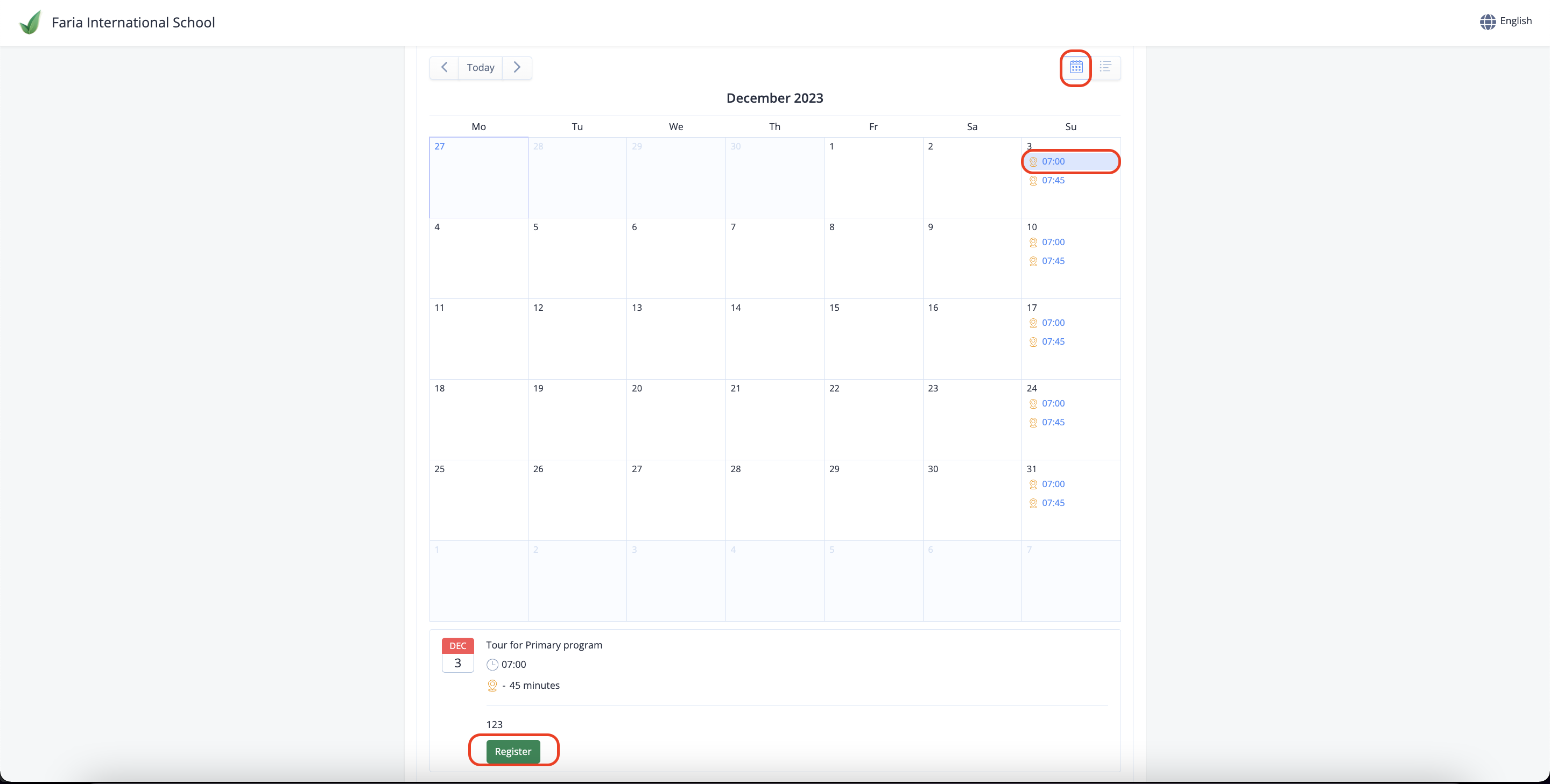 Captura de pantalla: En la vista de calendario, haga clic en la hora en la que desea registrarse y, a continuación, haga clic en Registrarse.