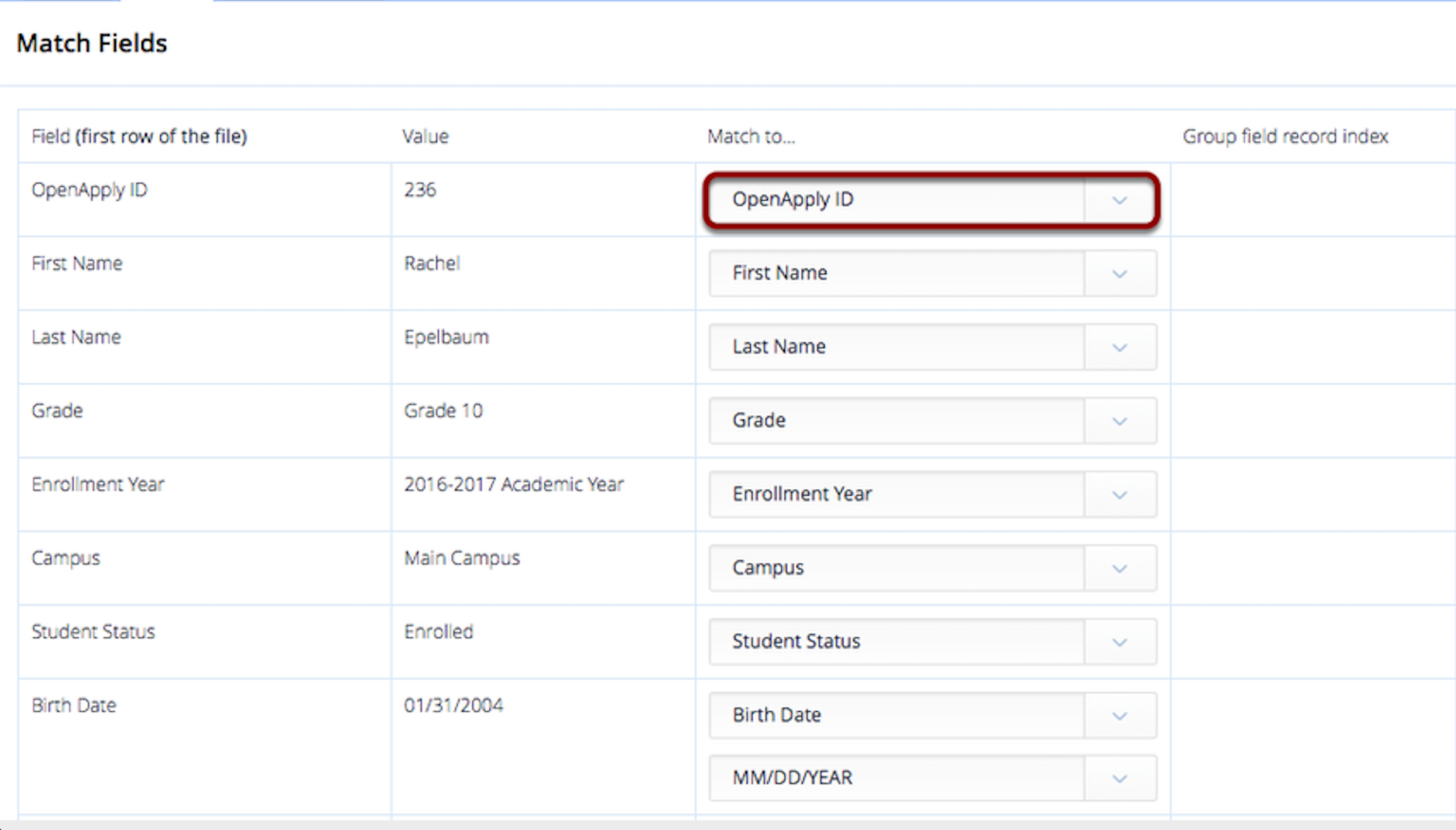 截图：接下来，请核对字段，确保电子表格中的列能够正确更新 OpenApply 中的相应字段。