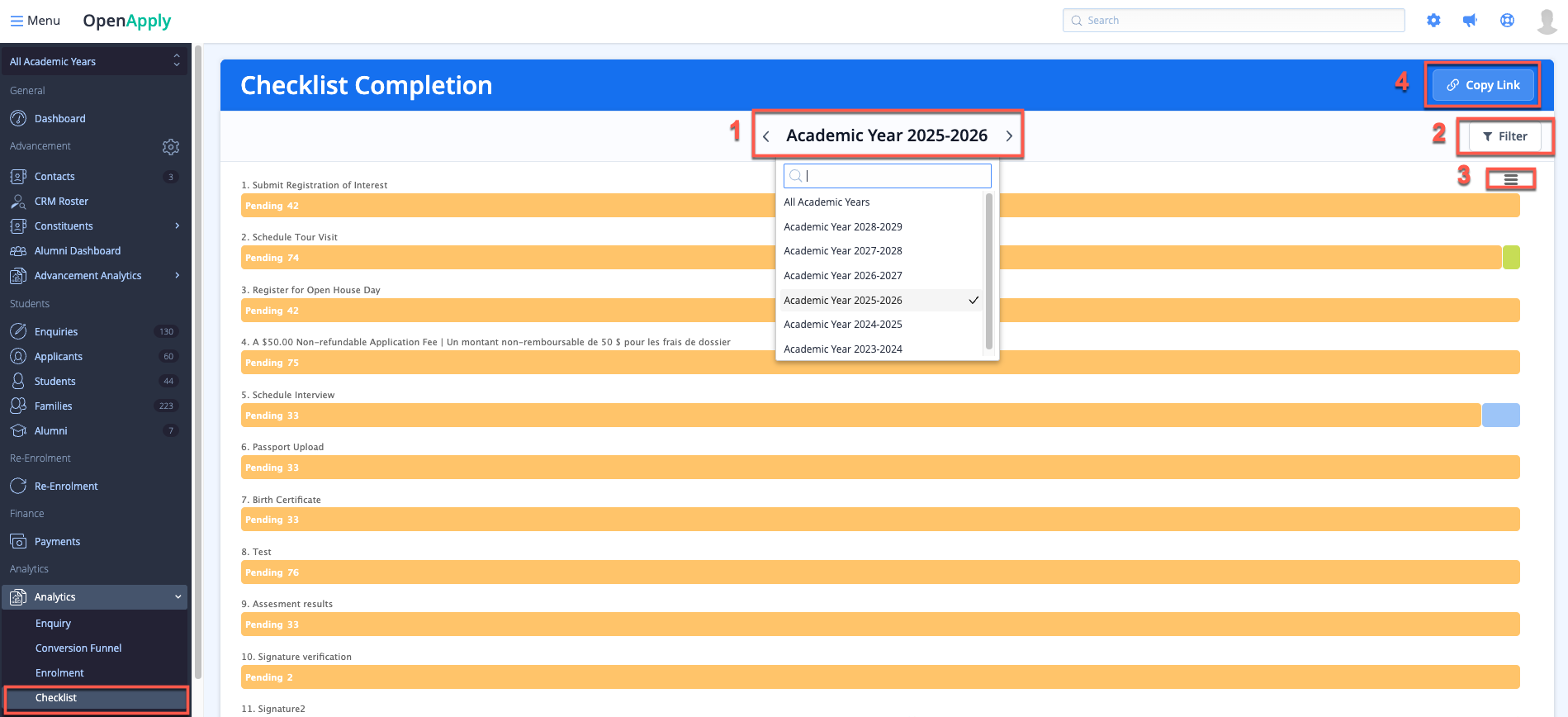 Captura de pantalla: Filtros de finalización de la lista de verificación