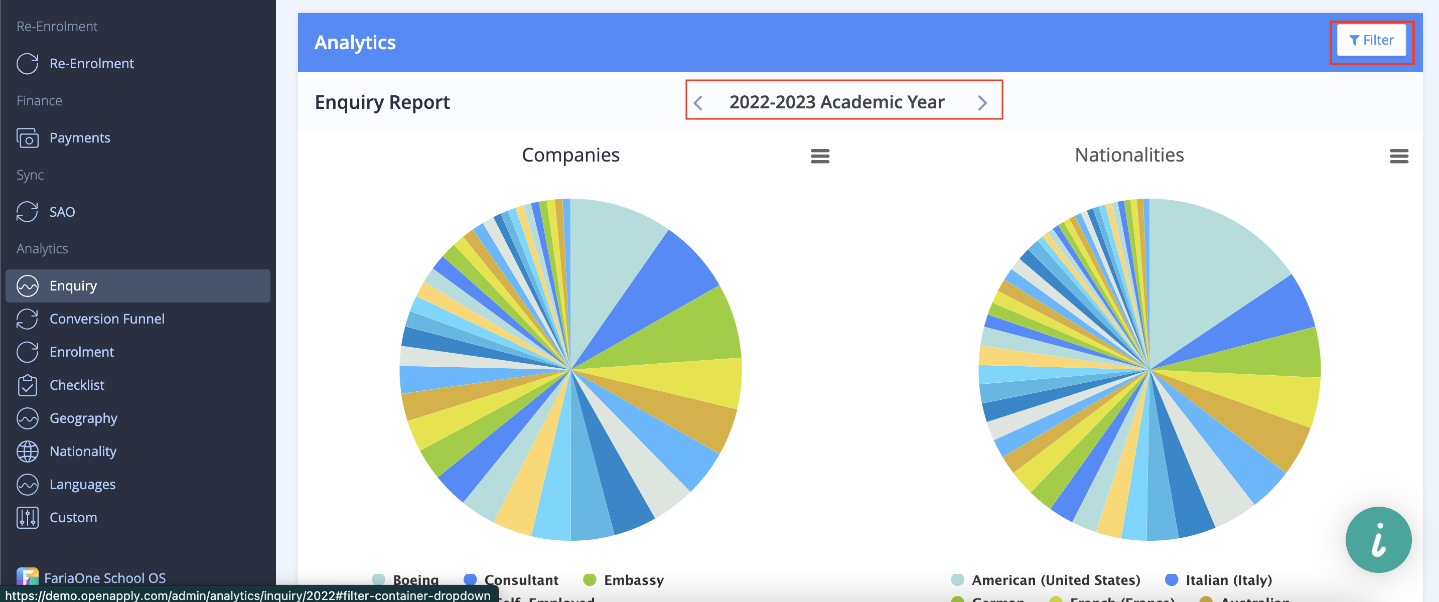 Captura de pantalla: Se puede seleccionar el año académico o analizar los datos de todos los años académicos haciendo clic en el año académico.