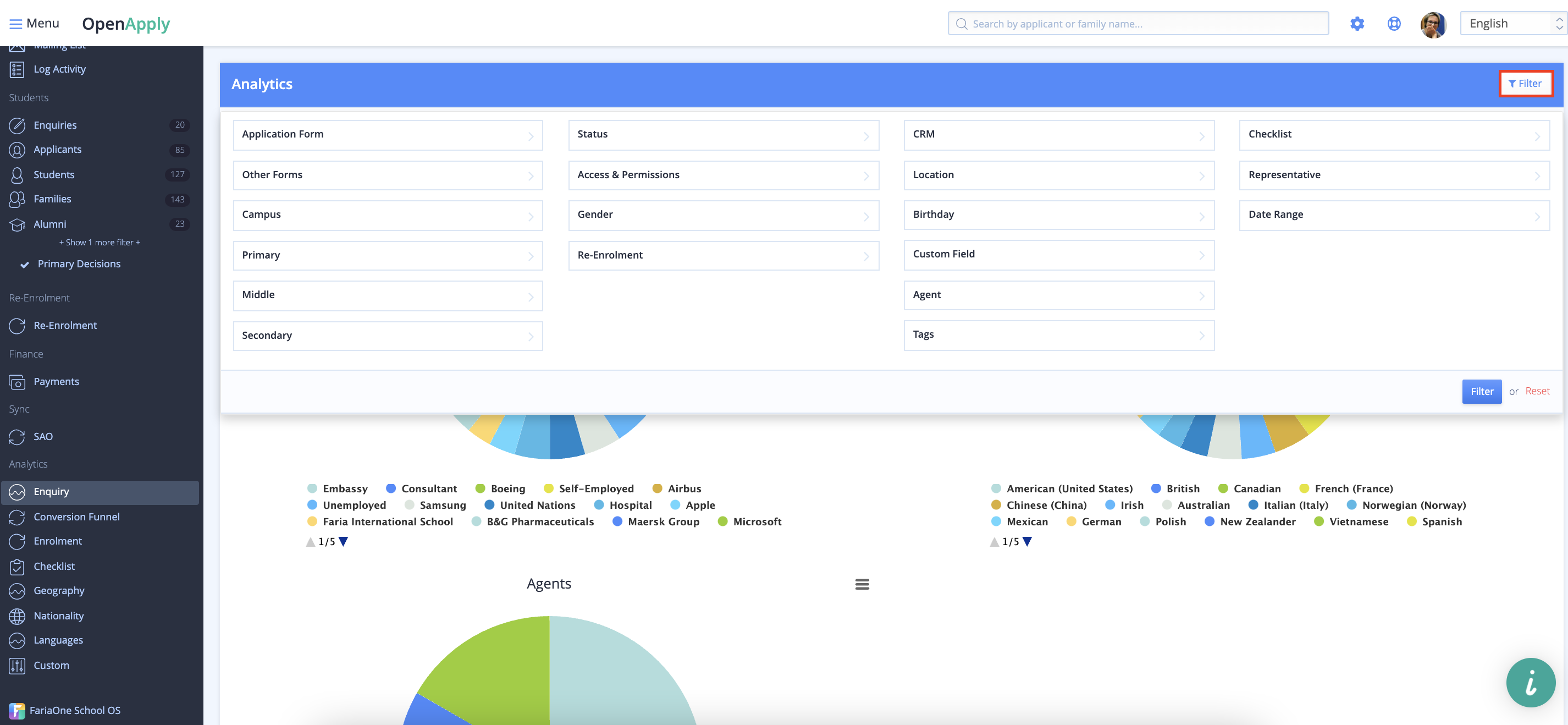 لقطة شاشة: يوفر OpenApply عددًا من التحليلات الآلية والقابلة للتخصيص لتتبع جميع بيانات القبول الخاصة بك