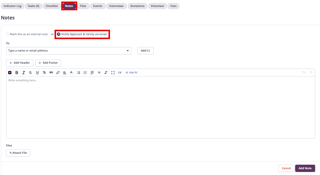 Captura de pantalla: Navegue al Perfil del solicitante y haga clic en la pestaña Notas.