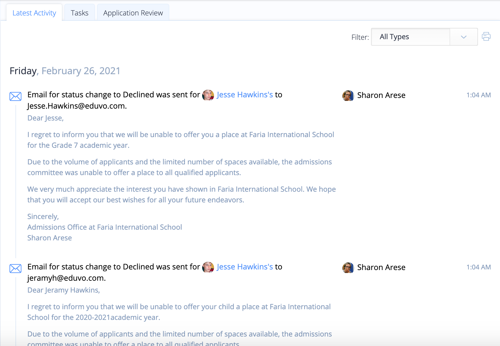 Captura de pantalla: Notificaciones de revisión de solicitantes