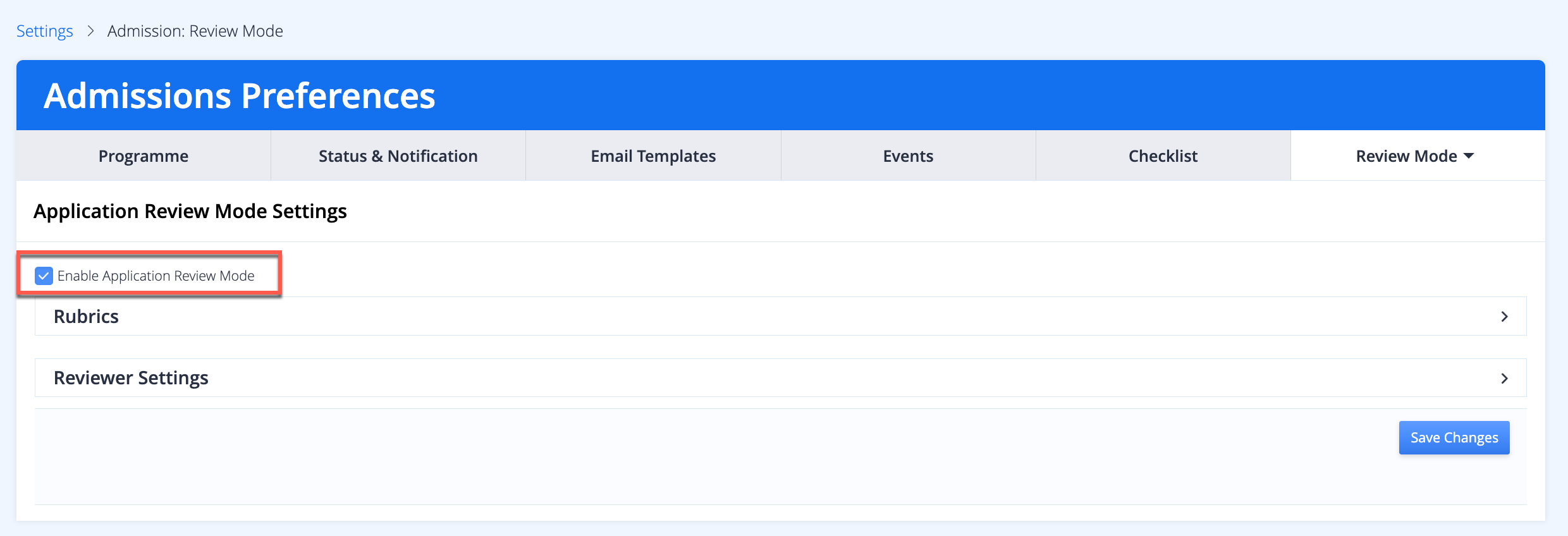 Captura de pantalla: Vaya a Configuración > Admisiones > Modo de revisión para habilitar el modo de revisión.