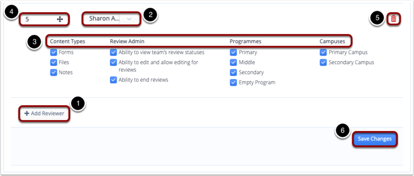 屏幕截图：对审阅者设置进行任何更改后，点击“保存更改”。