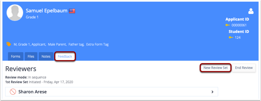 Captura de pantalla: Navegue al Modo de revisión del solicitante, haga clic en la pestaña Comentarios y haga clic en Nuevo conjunto de revisión