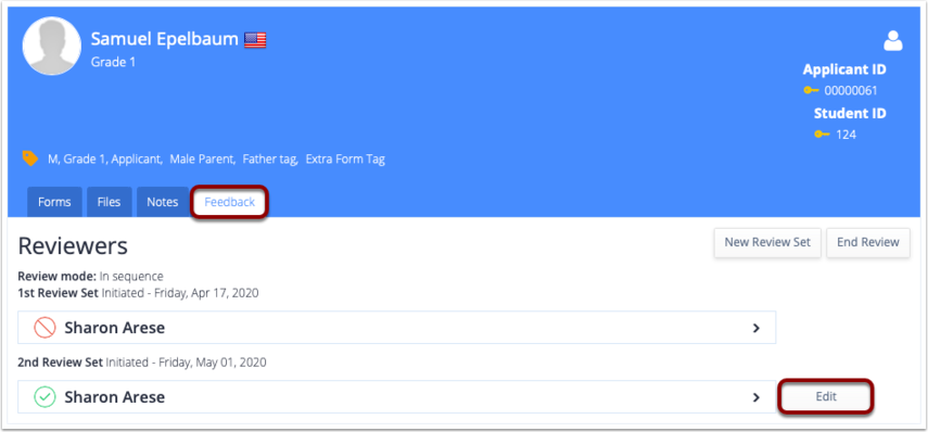 Captura de pantalla: Navegue al modo de revisión del solicitante, haga clic en la pestaña Comentarios y haga clic en Editar.
