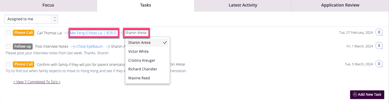 Captura de pantalla: Reasigne una tarea haciendo clic en el nombre del responsable y seleccionando un nuevo nombre en el menú desplegable.