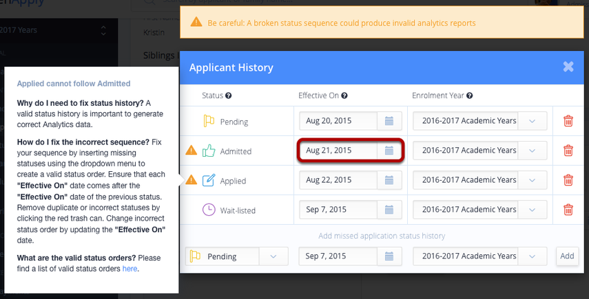 截图：在以下示例中，“Admitted”位于“Applied”之前。