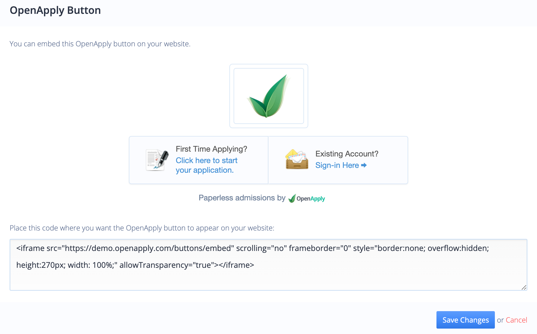 Captura de pantalla: También puedes optar por insertar un botón en el sitio web de tu escuela.