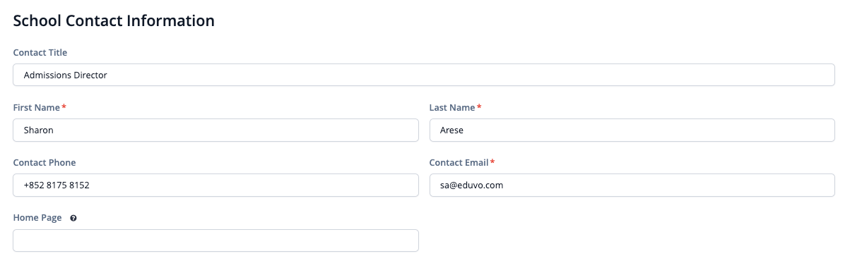 Captura de pantalla: En Información de contacto de la escuela, configure la persona de contacto principal de admisiones de su escuela.